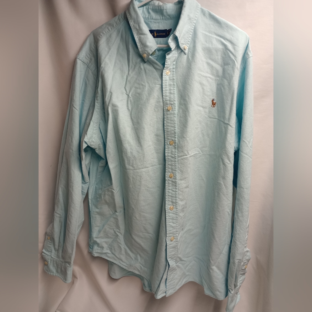Ralph Lauren Shirt Mens XXL Tall Blue Solid Button Down Brown Pony Logo‎ Classic